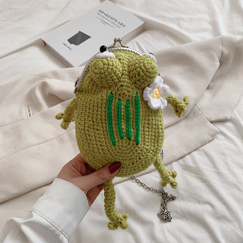 Chica de moda bolsa de mensajero de dibujos animados lindo clip de rana bolso de hombro de los niños Otoño de lana de punto bolsa de accesorios