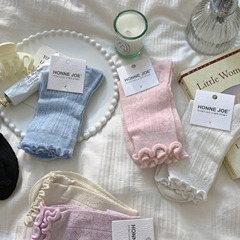 Summer socks for women: thin, lace-trimmed pile socks with hollowed-out ruffled edges, mesh construction, and solid-color cream-style designs in a Korean-inspired vibe.