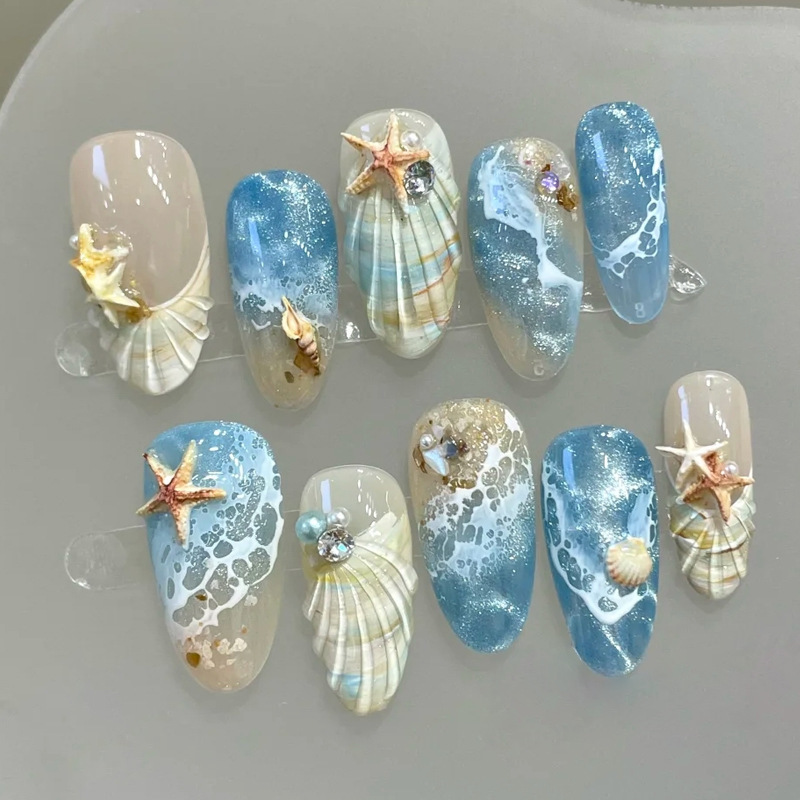 30 Pieces of Cross-Border Popular Beach-Style Painted Premium Wearable Nails with Ocean Waves, Stars, Shells, 3D Three-Dimensional Rhinestone Nail Art Pieces