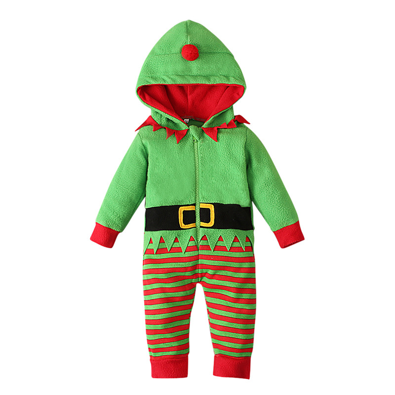 Children's European and American spring and autumn long-sleeved hooded Christmas striped jumpsuit romper clothing children's clothing ins_voghion.com