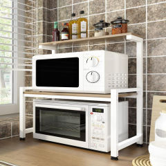 Kitchen storage shelf with double-layer oven and microwave rack, spice and condiment canisters, utility storage rack for home use, all-in-one organizer