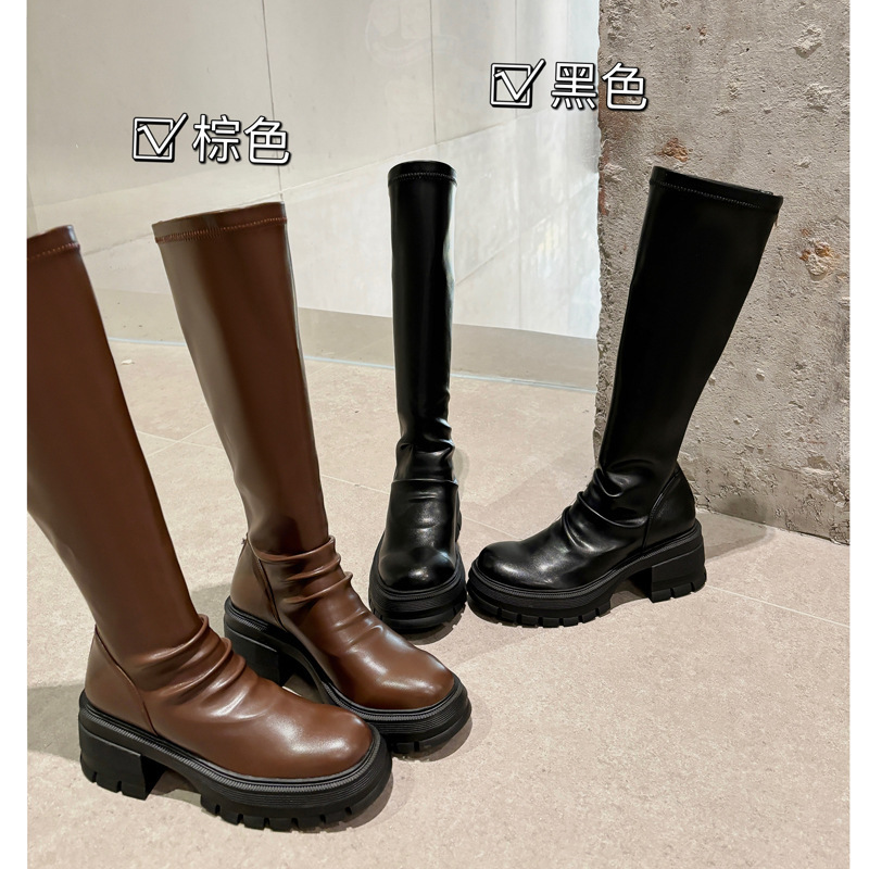 Large Long Leg Increased Thick Bottom Pleated Knights Boots 2024 Autumn and Winter Thick High Heel Small Leg Bag Stretch High Boots for Women Large Long Leg Increased Thick Bottom Pleated Knights Boots 2024 Autumn and Winter Thick High Heel Small Leg Bag Stretch High Boots for Women
