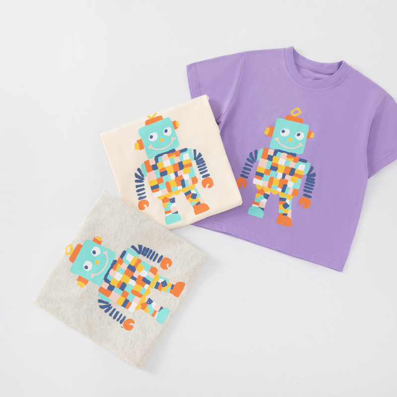 Ropa para niños de verano nuevo robot para niños ropa para bebés fuente de Douyin suéter suelto de cuello redondo cabello de una pieza