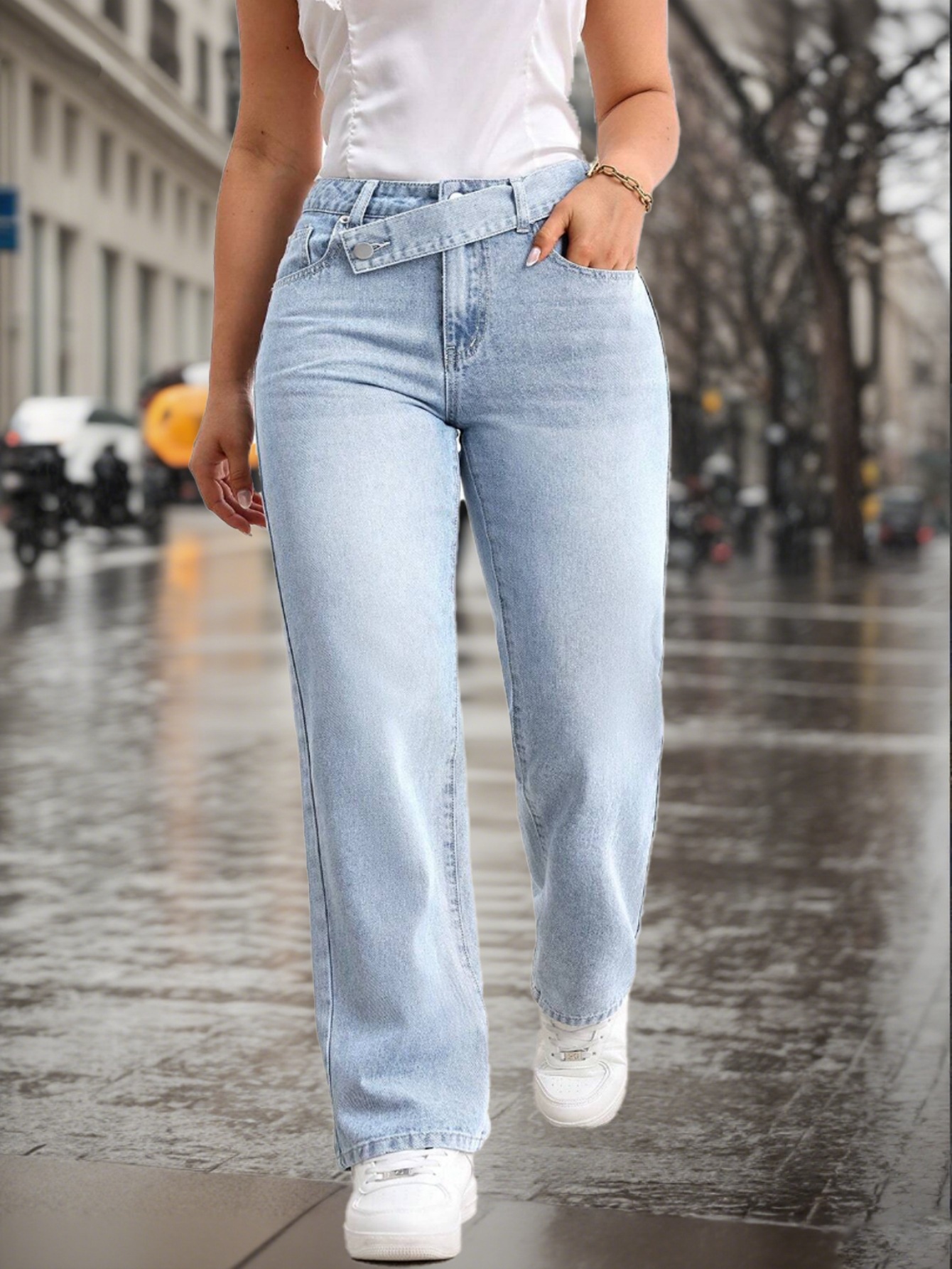 Pantalones vaqueros de mezclilla holgados de pierna recta con cintura superpuesta, color azul claro y lavado informal para mujer._voghion.com