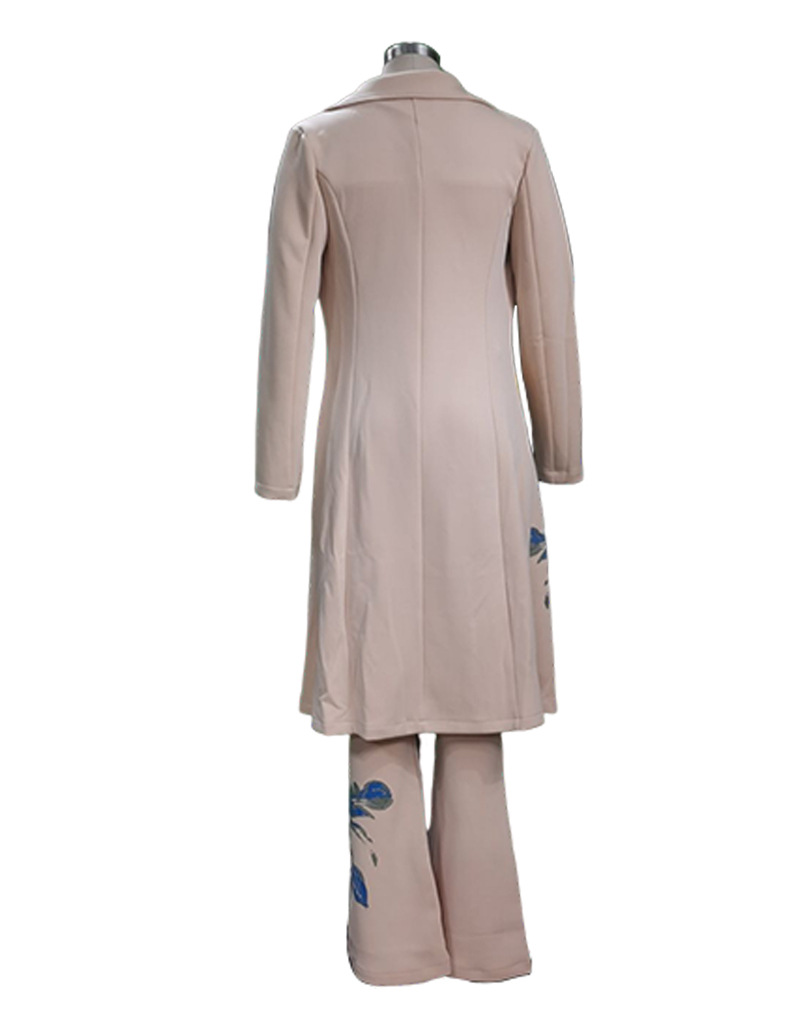 Damtryckta långa trenchcoat omlindade byxor med utsvängda bröst i tre delar_voghion.com