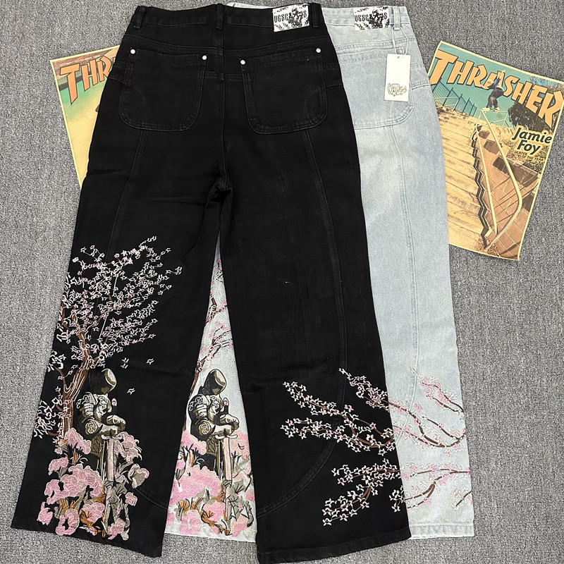 Vescartes Astronaut Embroidered Jeans Loose Street Style Straight Wide-Leg Pants Men's Retro Summer Thin Style Vescartes Astronaut Embroidered Jeans Loose Street Style Straight Wide-Leg Pants Men's Retro Summer Thin Style