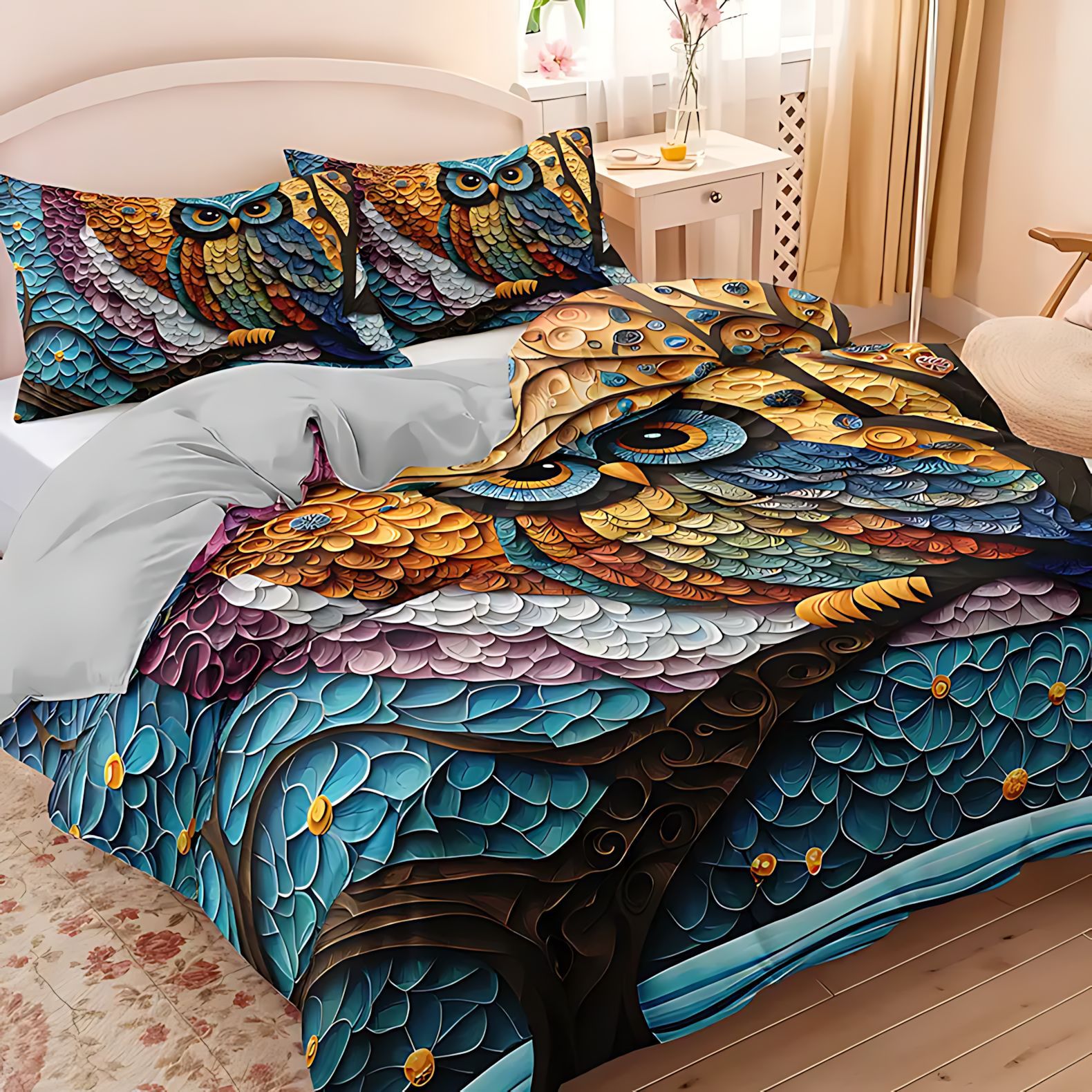 TEMU / JIT abrasión colchón colchón conjunto lindo búho impresión digital 3D ropa de cama exclusiva para el comercio exterior