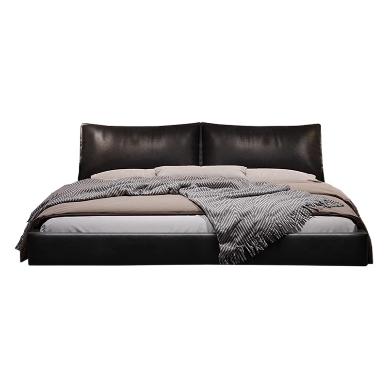 Moderno simple cama de cuero genuino de alta gama dormitorio principal cama doble italiano minimalista negro retro abajo cama suave cama de la boda