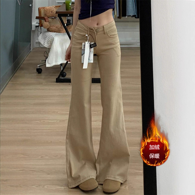 Khaki Fleece-Lined Flared Jeans for Women, Fall/Winter 2025 New American Style Low-Waist Petite Non-Tight Flared Pants Khaki Fleece-Lined Flared Jeans for Women, Fall/Winter 2025 New American Style Low-Waist Petite Non-Tight Flared Pants