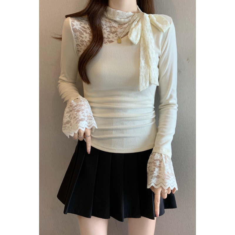 Brand Discount Plus-Size Spring New French Lace Patchwork Bow Tie Long-Sleeve Base Shirt Brushed Fabric Top Brand Discount Plus-Size Spring New French Lace Patchwork Bow Tie Long-Sleeve Base Shirt Brushed Fabric Top