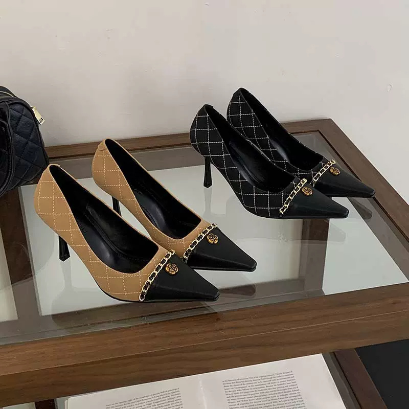 小香风同款高跟鞋2026春季新款尖头时装单鞋黑色性感拼接细跟女鞋