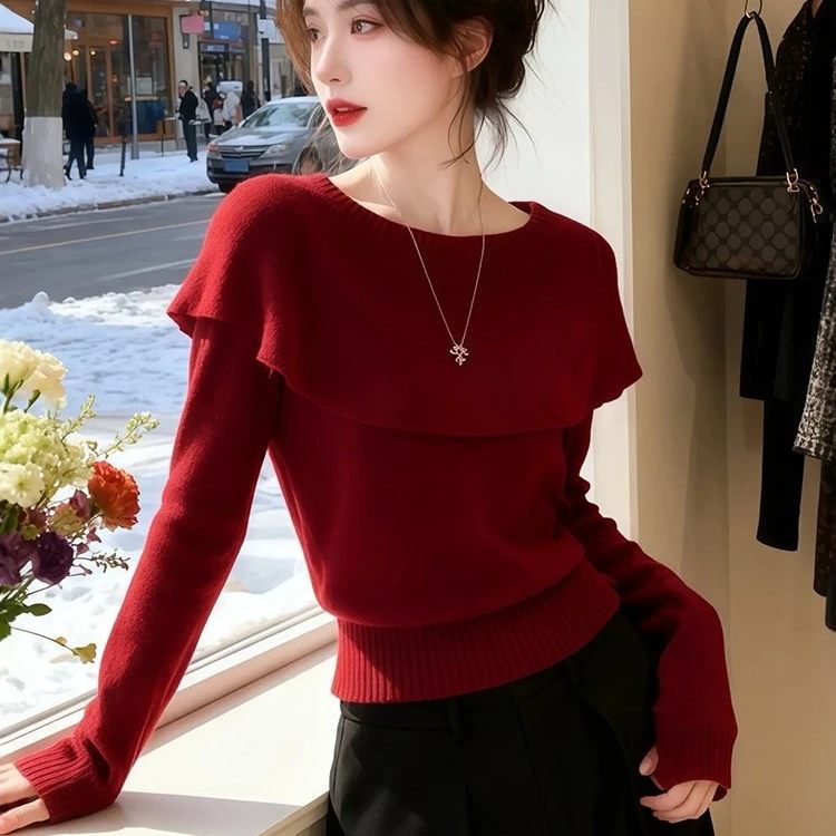 Red high-end round-neck cape-style knitted sweater for women, slim-fit, long-sleeved, slimming, elegant inner top for winter Red high-end round-neck cape-style knitted sweater for women, slim-fit, long-sleeved, slimming, elegant inner top for winter