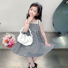 女童蕾絲邊背心裙2024夏裝新款韓版中小童洋氣格子公主裙寶寶衣裙