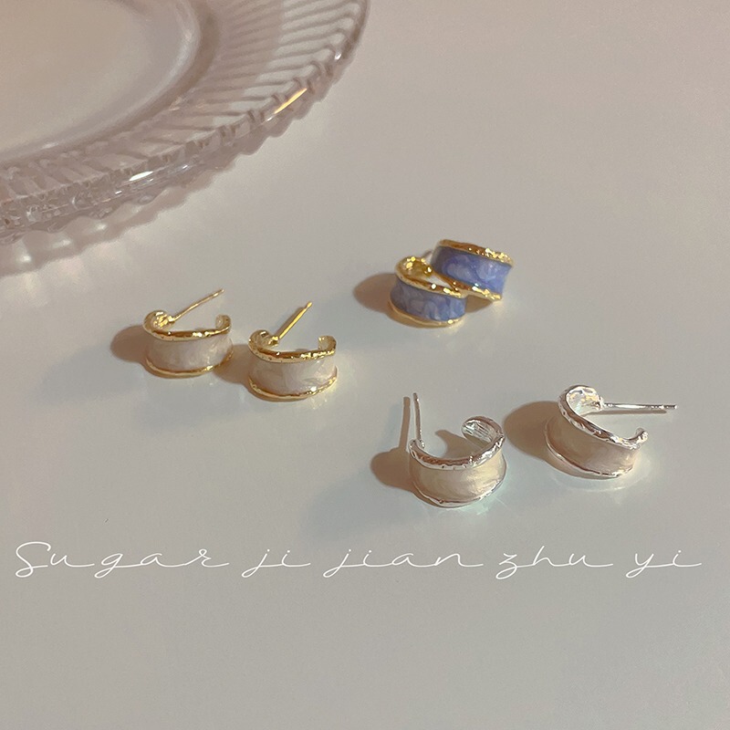 S925 silver needle vintage C- shaped drop glaze ear pin for women 2023 new popular light luxury high-grade elegant all-match earrings for women