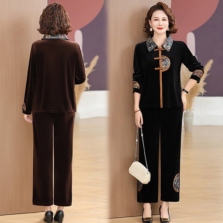 お母さんの春の服の洋風の金のベルベットのスーツの中高年の女性の春秋の中国風の唐の服の上着のカジュアルな2つのセット|undefined
