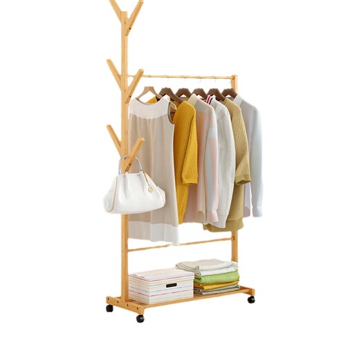 Simple bamboo coat rack for home use, living room clothes rack, bamboo floor-standing clothes rack, bedroom mobile storage rack