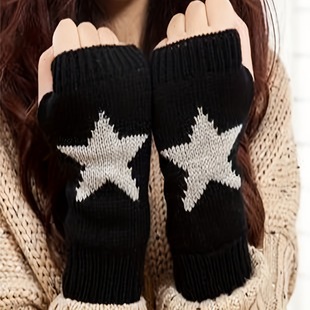 Cute Five-Pointed Star Black Gloves for Men and Women Winter Fingerless Student Writing Simple Knitted Fingerless Warm Gloves Cross-Border