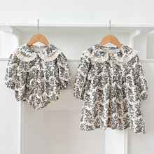 春装婴儿碎花爬服包屁衣女宝宝蕾丝花边领长袖女童连衣裙姐妹装棉