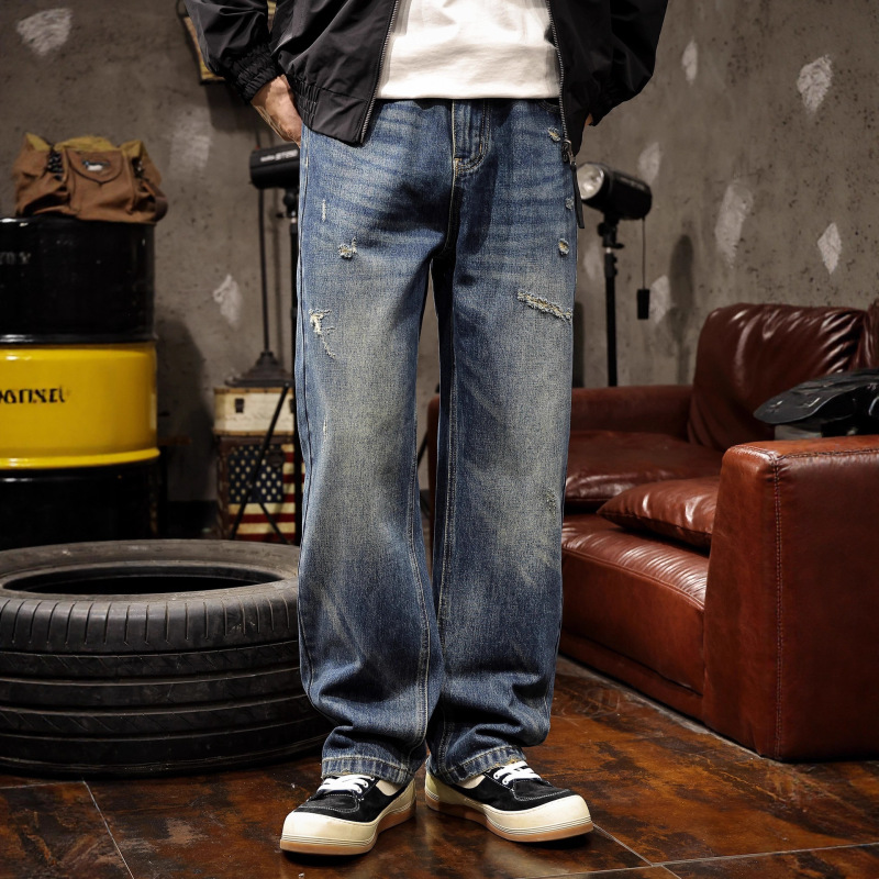 American-Style Ripped Jeans for Men, Straight-Leg, Spring and Autumn 2025 New Model, Loose Fit, Trendy Brand, Retro Casual Long Pants American-Style Ripped Jeans for Men, Straight-Leg, Spring and Autumn 2025 New Model, Loose Fit, Trendy Brand, Retro Casual Long Pants
