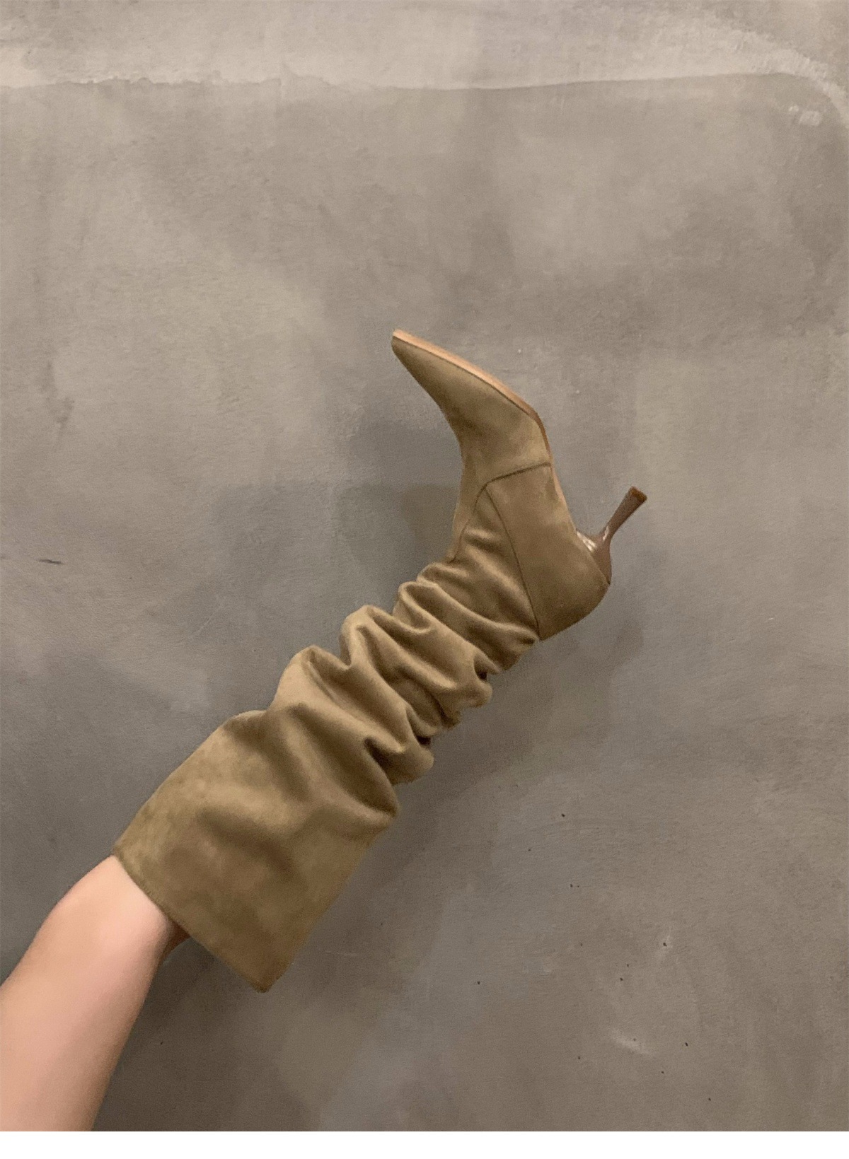 High heel Khaki over the knee pile boots women's new fall/winter pointy skinny knight boots_voghion.com