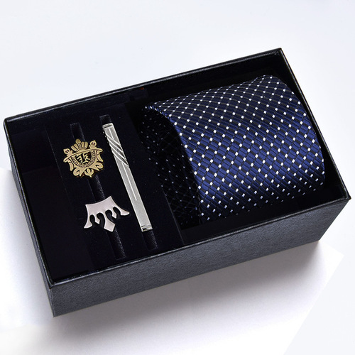 Gift box] Men's 8cm formal business tie brooch tie clip five-piece suit professional blue and white stripes