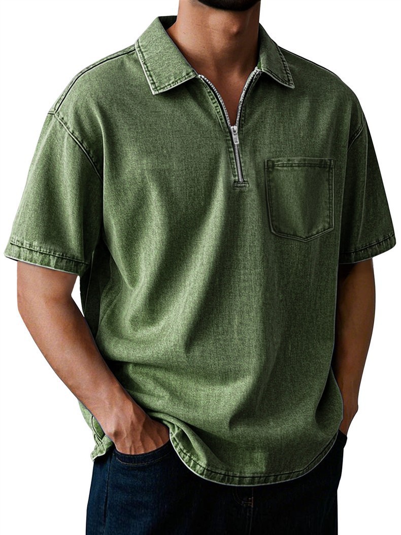 Men's Cotton Short Sleeve Polo Shirt - Classic Button-Down Collar Casual Top For Summer Vintage-Inspired Washed Finish_viptrois.com
