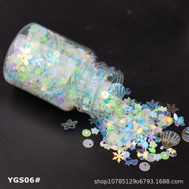 Internet celebridad efecto luminoso lentejuelas mixtas Concha mixta ciruela cóncava copo de nieve cuentas redondas DIY relleno Delgado