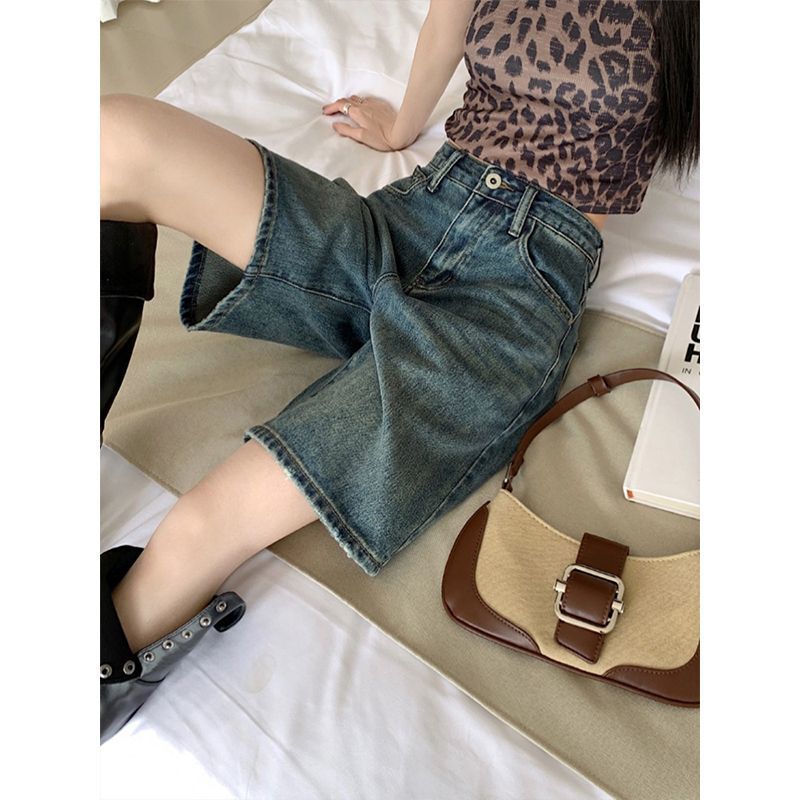 Wide Leg Denim Pants Retro Blue Old Women 2025 High Waist New All-match Casual Shorts Loose Slimming