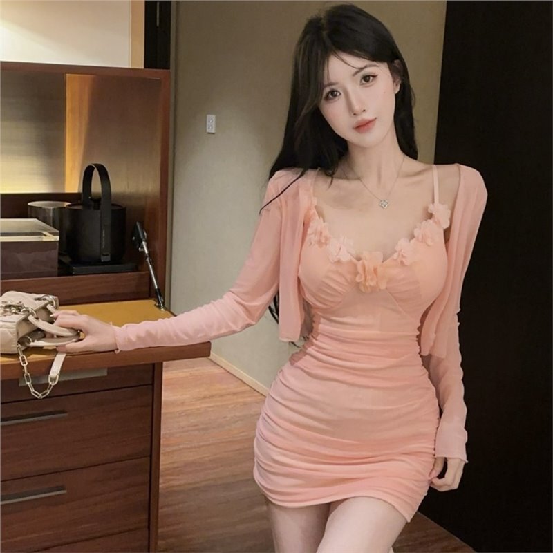 Women's Autumn Pure Desire Sexy Bodycon Skirt with Shawl Cardigan and Tube Top Set, Two-Piece Pink Floral Dress