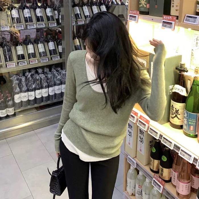 早秋V领假两件上衣不规则针织衫慵懒内搭打底毛衣别致小众上衣|undefined