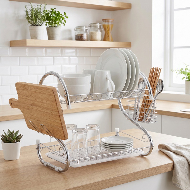 Escurridor de Platos Doble Capa Tipo S de Hierro con Soporte para Cuchillos para Encimera de Cocina image 4
