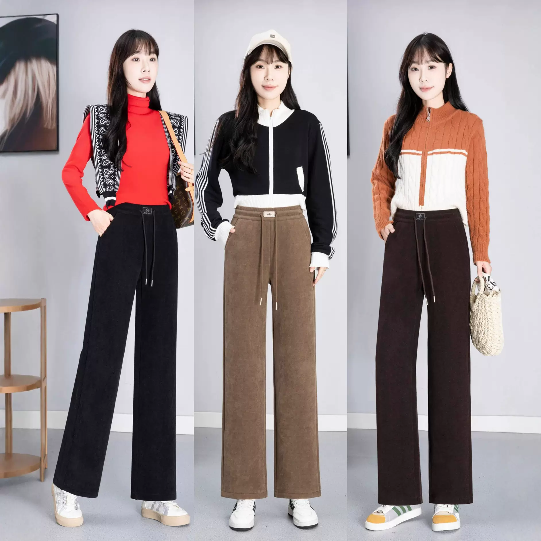 冬季阔腿裤休闲裤加绒加厚宽松百搭垂感直筒裤宽松时尚工厂显腿长