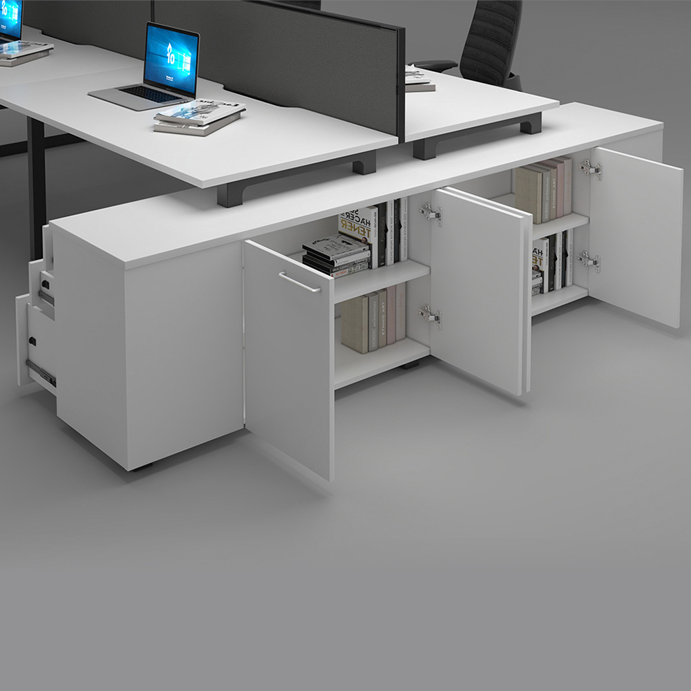 Escritorio del personal con archivador para 4 personas simple pantalla en blanco y negro espacio de tarjeta de personal muebles de oficina de alta calidad