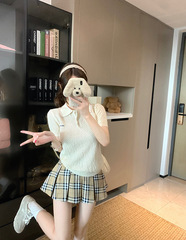 学院风米黄色字母嵌花短袖polo衫女夏薄款2025新款镂空针织衫上衣
