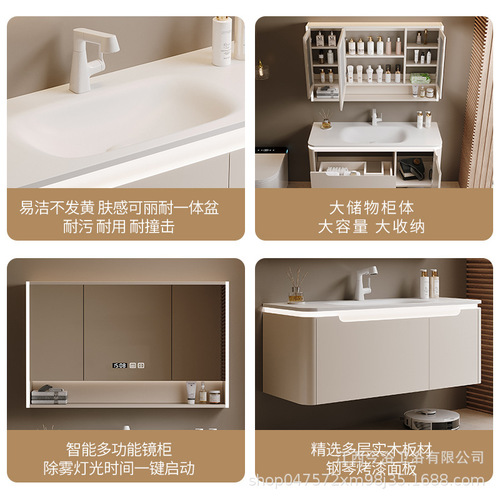 Creamy style Corian integrated bathroom cabinet set, hairdryer stand mirror cabinet, bathroom washbasin sink and toiletries vanity