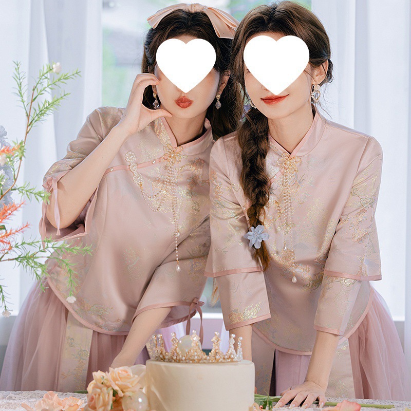 Chinese Style Bridesmaid Dress for Women, New Spring and Autumn Sister Group Petite Dress, Ethnic Style, Can Be Worn Daily, Direct Sales