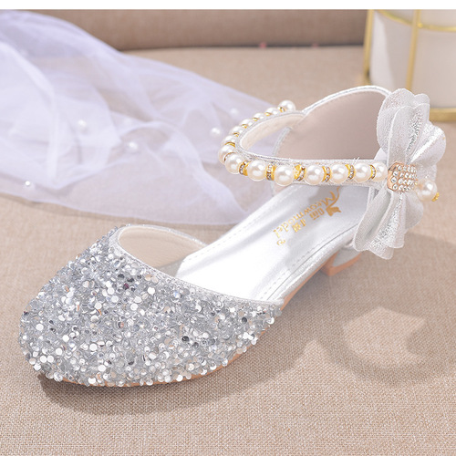 Children's High Heels, Girls' Princess Formal Shoes, Children's Crystal Shoes, Single Shoes, Pearl Sparkle Stage Performance Shoes