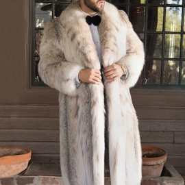 亚马逊爆款皮草大衣跨境长款男装山猫豹纹环保皮草仿狐狸毛外套