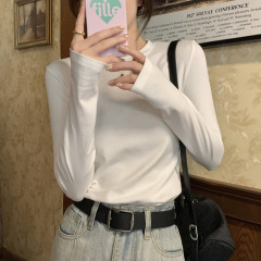 早秋薄款纯棉正肩白色长袖女t恤修身圆领内搭收腰打底衫上衣冬季