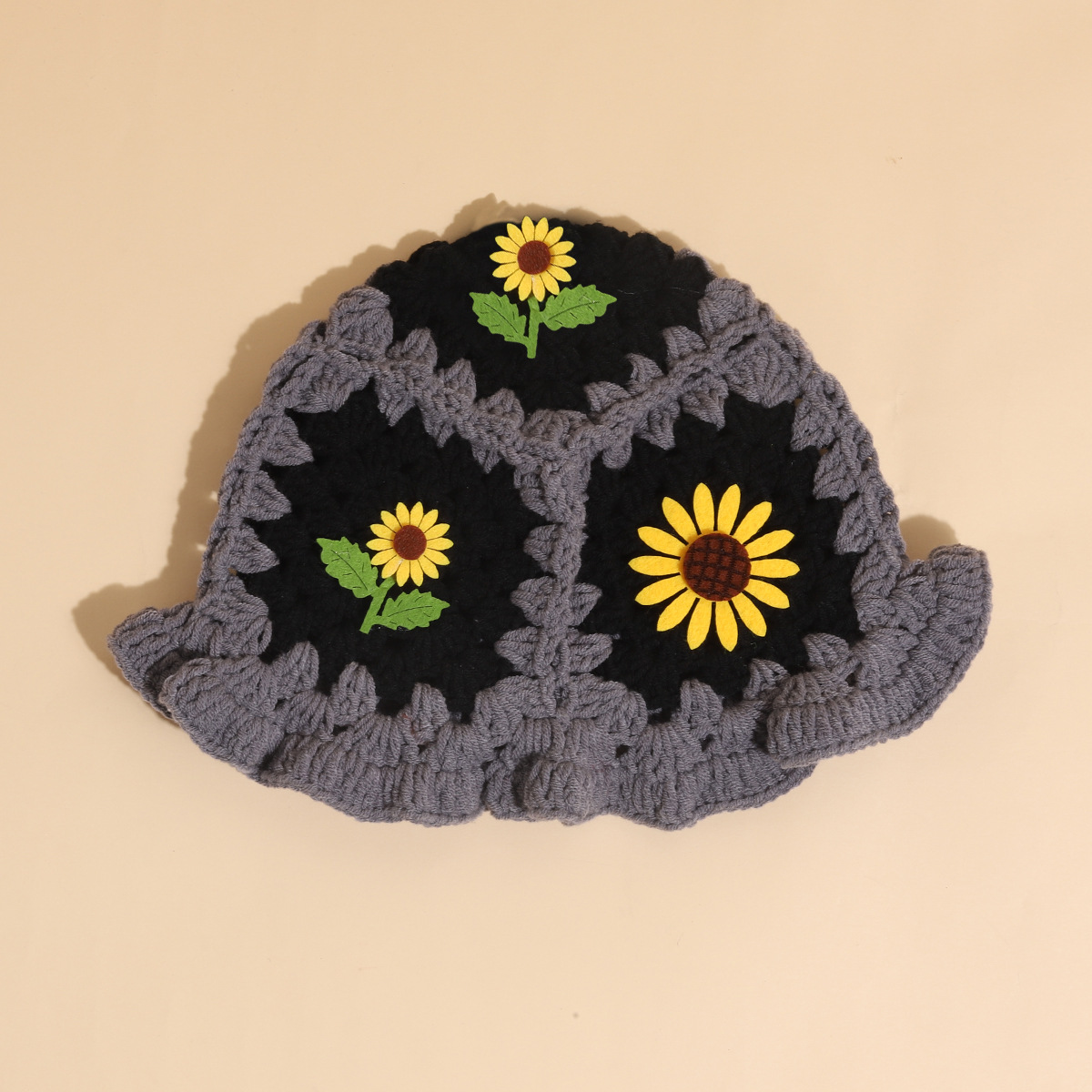 Cappello da pescatore con girasole tessuto a mano, autunno e inverno, carino cappello infantile con bordo a fungo, in lana all'uncinetto_voghion.com