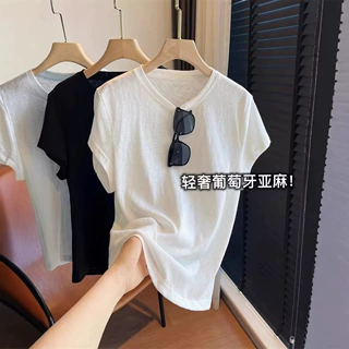葡萄牙亚麻！高级肌理感百搭显瘦凉爽纯色圆领T恤短袖女夏季2026