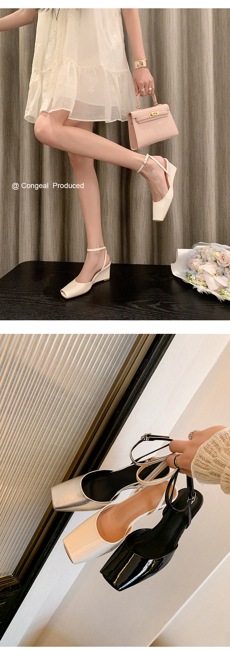 Sandal cao gót nữ mũi vuông quai mắt cá chân, gót xuồng 9 cm — đen, Màu trắng nhạt, bạc chi tiết 7