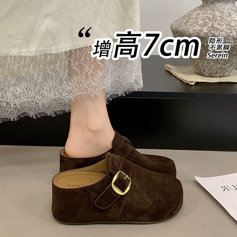 Thick-soled, 7cm height-increasing, closed-toe slippers for women, 2026 autumn new collection, retro slip-on Birkenstock-style half slippers