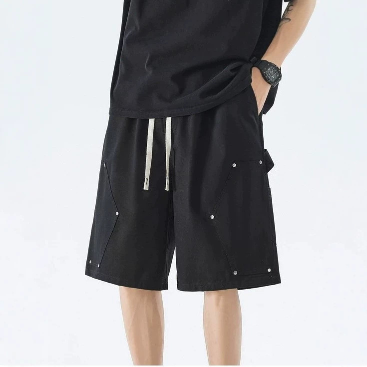 Summer European and American Trendy Brand Patchwork Rivet Work Shorts for Men, Loose-Fitting Five-Point Pants, Outdoor Functional Casual Shorts
