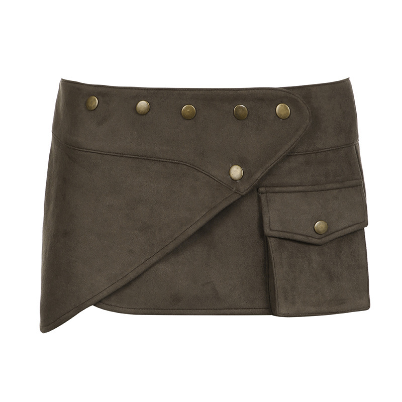 Wilderness Western Style Suede Rivet One Piece Miniskirt Ethnic Niche Pocket Splicing Low Waist Hip Skirt_ecoleips.com