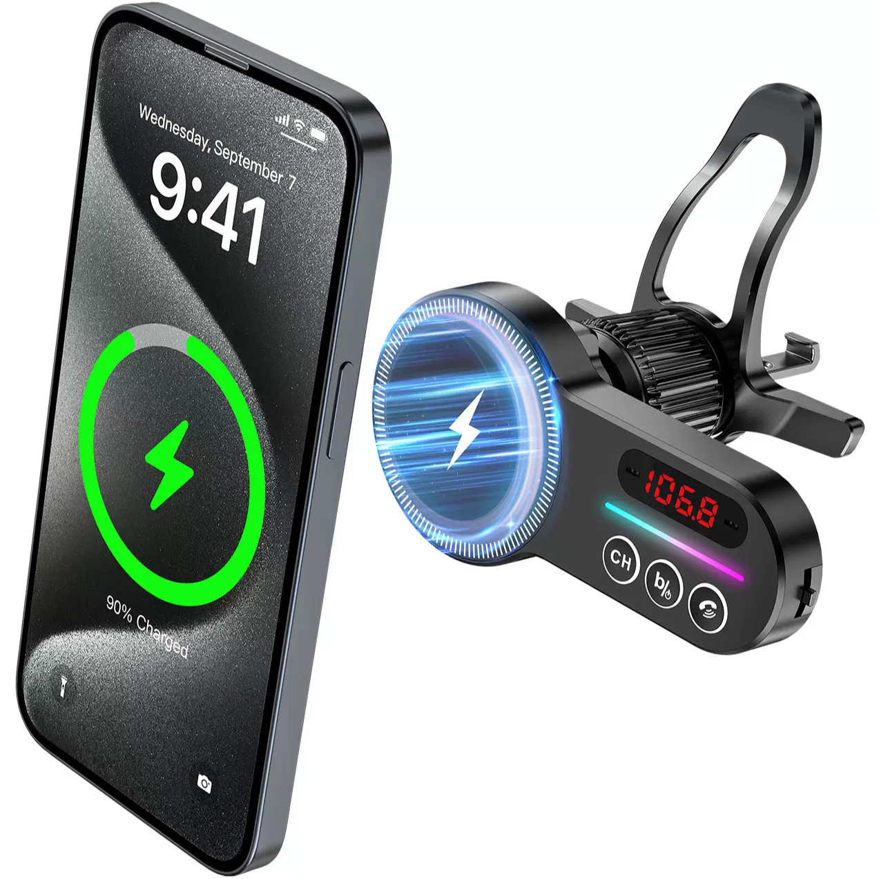 车载蓝牙免提带15W无线快充带出风口支架，支持AUX 播放音乐