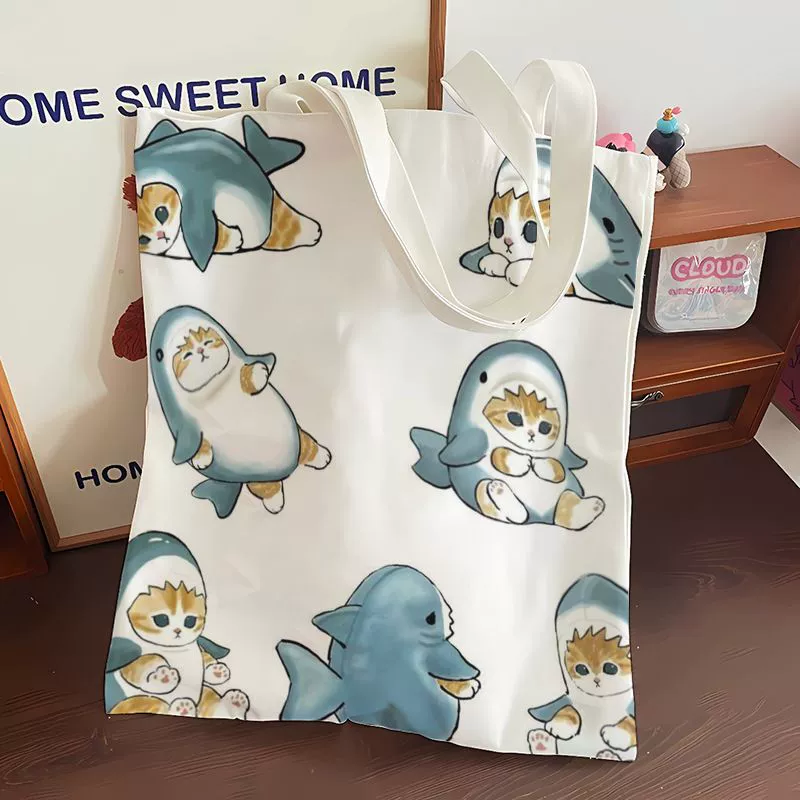 Shark, fresh capacious cloth bag one shoulder, cat