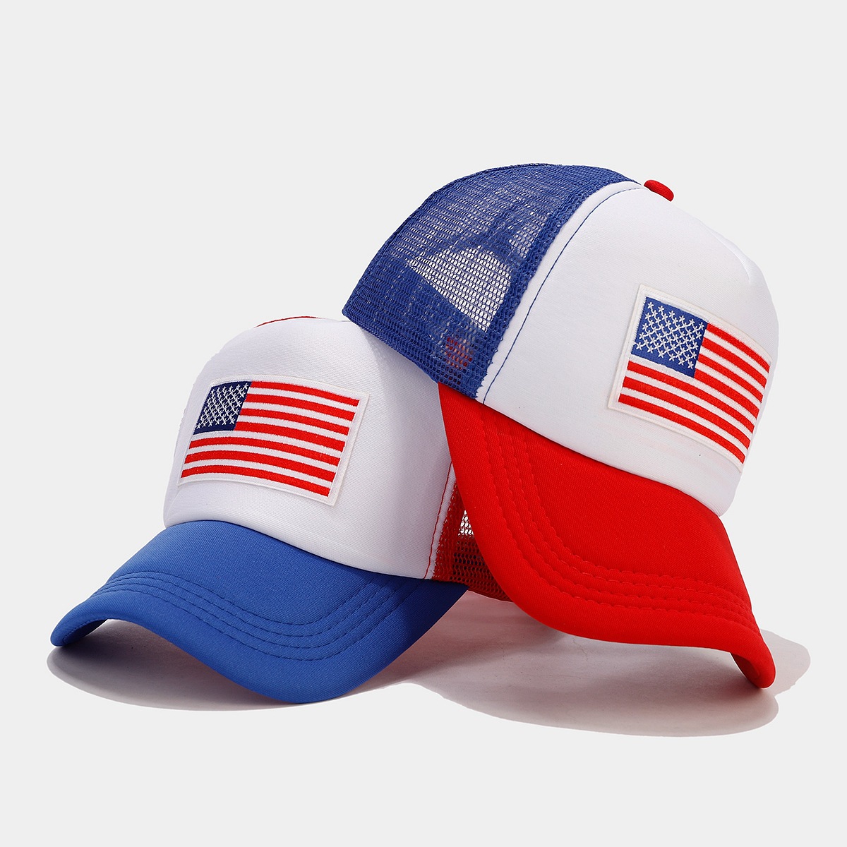 Rojo azul contrapeso malla transpirable espacio algodón sombrero de béisbol bandera americana sombrero de lengua casual sombrero de verano sombrero de sol