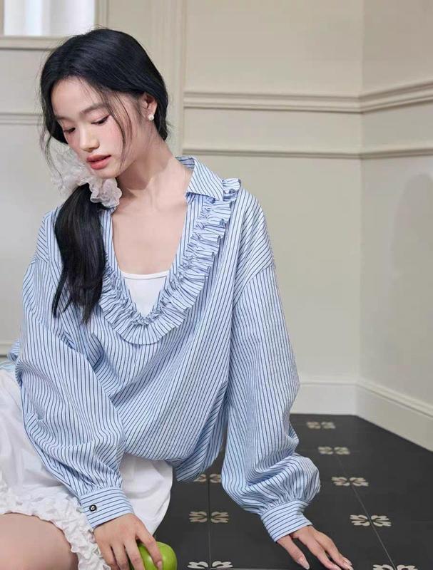 法式v领衬衫条纹长袖翻领衬衣2025夏秋季新款女气质小衫上衣|undefined