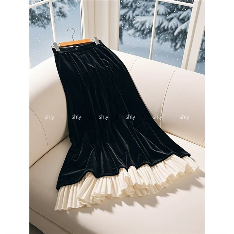 YT399387 популярный в этом году уникальный супер красивый черный бархат длинная юбка с бюстом женская 2025 новая осень